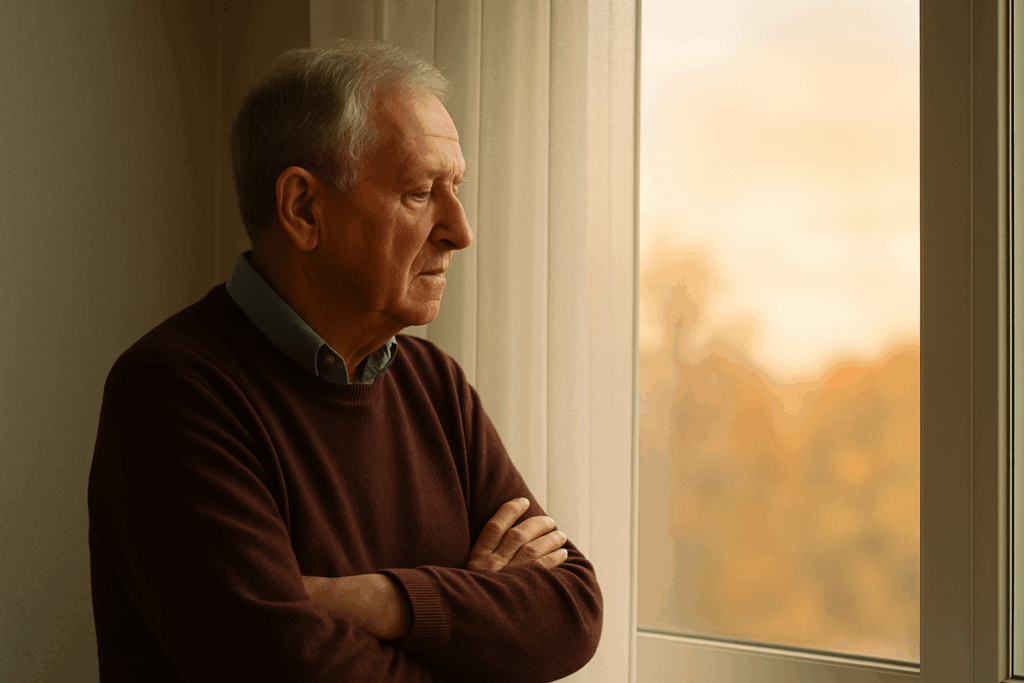 Ein älterer Mensch blickt aus dem Fenster in sanftes Morgenlicht – Symbol für Erinnerung, Reue und leise Versöhnung.